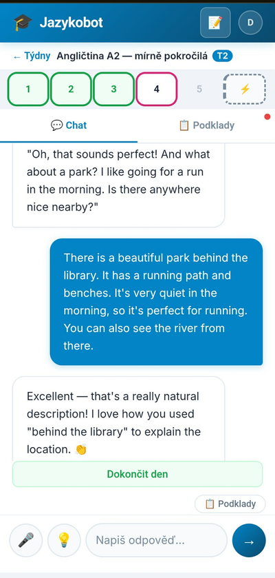 Ukázka lekce v aplikaci Jazykobot