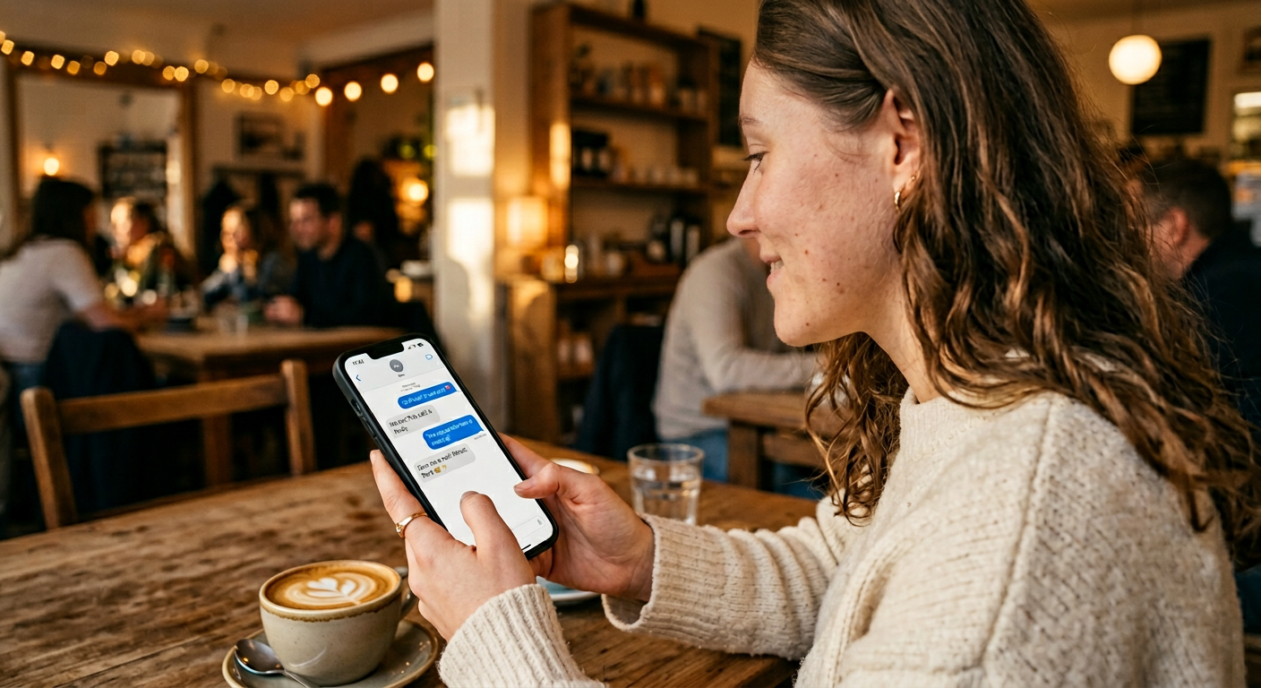 Mladá profesionálka procvičuje jazyk s Jazykobotem v kavárně